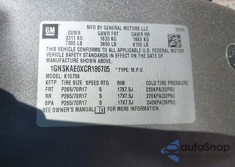 2012 Chevrolet Tahoe Ls из США, поврежденный, VIN 1GNSKAE0XCR186705